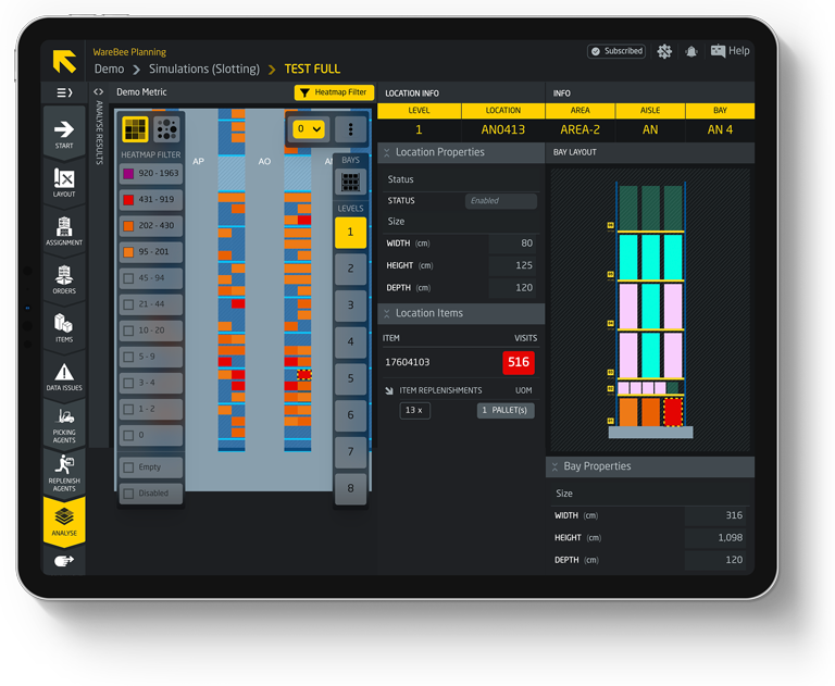 WareBee stock positions with SKU locations and levels