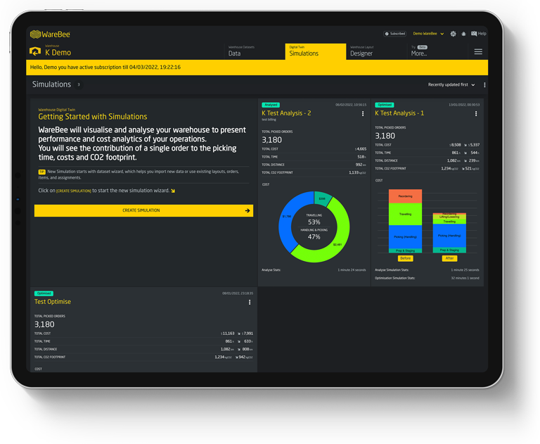 WareBee simulating load balancing across pick towers and goods-to-person stations