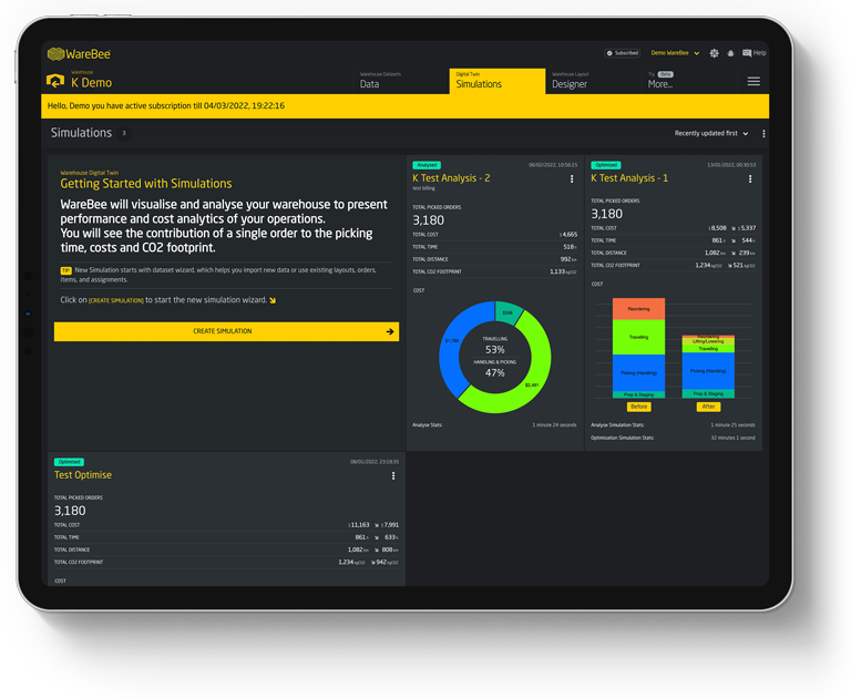 WareBee Digital Twin AI - Warehouse Dashboard with KPIs, Graphs for Analytics, Optimisation, Compliance, Resilience and Efficiency. Excel Spreadsheet Alternative