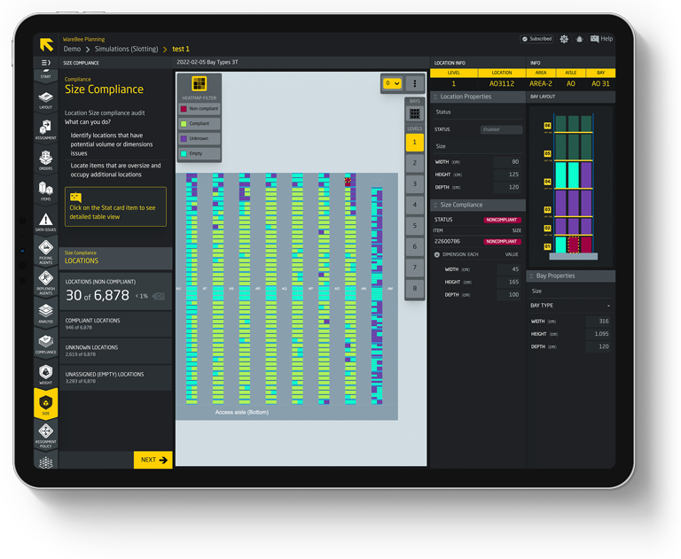 WareBee Digital Twin Planning - for Warehouse Analysis and Audit for Location and Bay Size and Dimensions compliance (Overlap, Overhang)