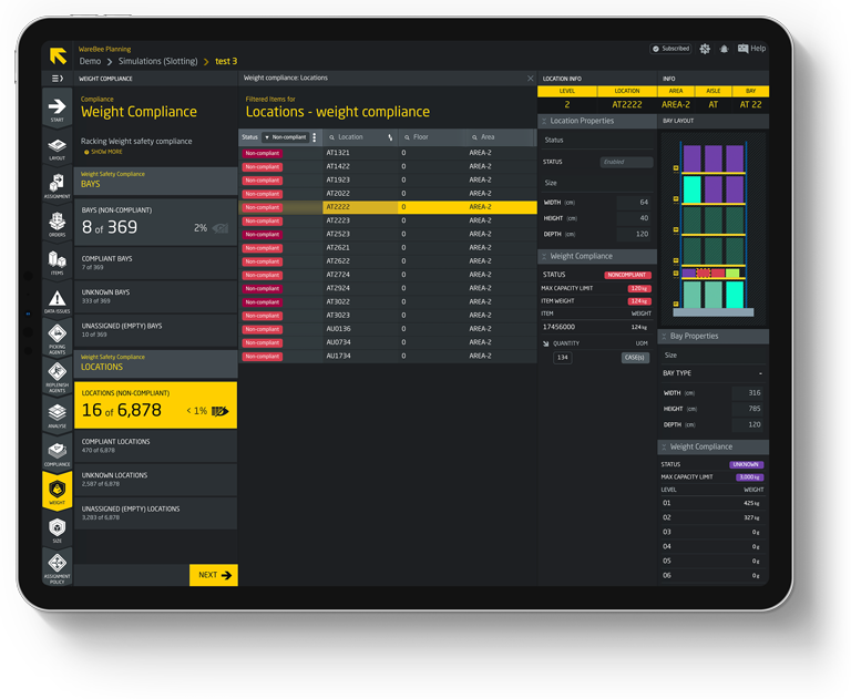 WareBee Digital Twin Planning - for Warehouse Analysis and Audit for Location and Bay Safety Weight compliance (overweight)